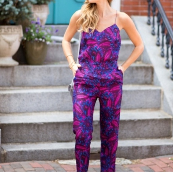 NEW J Crew Silk Jumpsuit Midnight Floral Elastic Waist Spaghetti Straps Size 6 - Picture 1 of 16